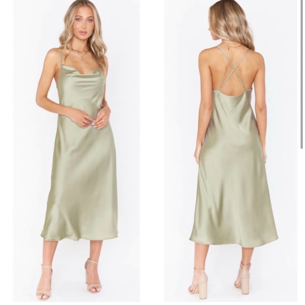 Verona Cowl Neck Dress in Moss Green Satin